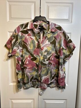 NWT TAHARI 100% Linen Floral Button Down Blouse Top Womens Plus Size 3X